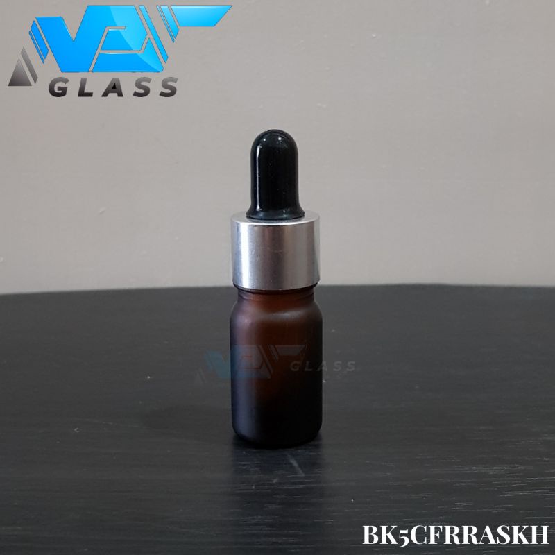 botol kaca pipet 5ml frosted / doff coklat amber - ring almunium silver