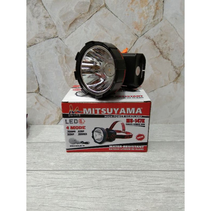 Senter Kepala Mitsuyama 50 Watt MS-147K cahaya kuning + Bohlam 7 Watt