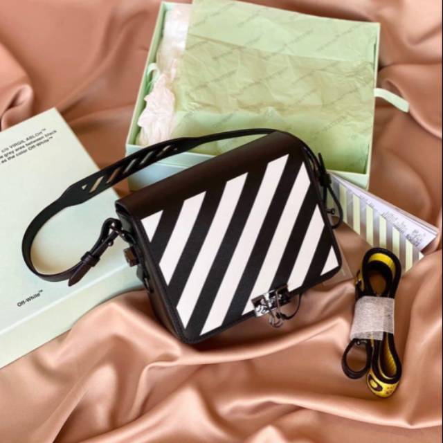 Off White Diagonal Flap Bag in Black/White With Yellow Industrial Belt Shoulder Strap Original