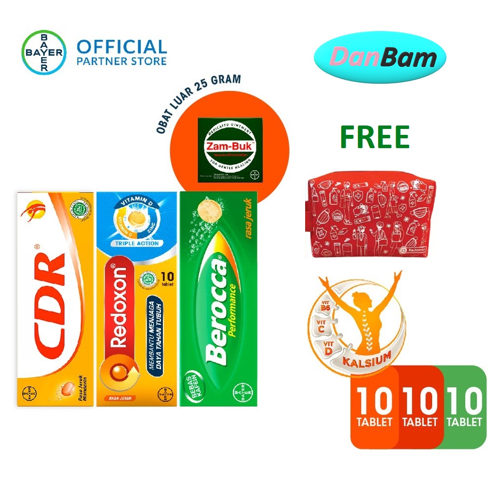 Trial pack (CDR 10 Tab + Redoxon 10 Tab + Berocca Multivitamin B Kompleks 10 Tab) &amp; Zambuk 25 gram