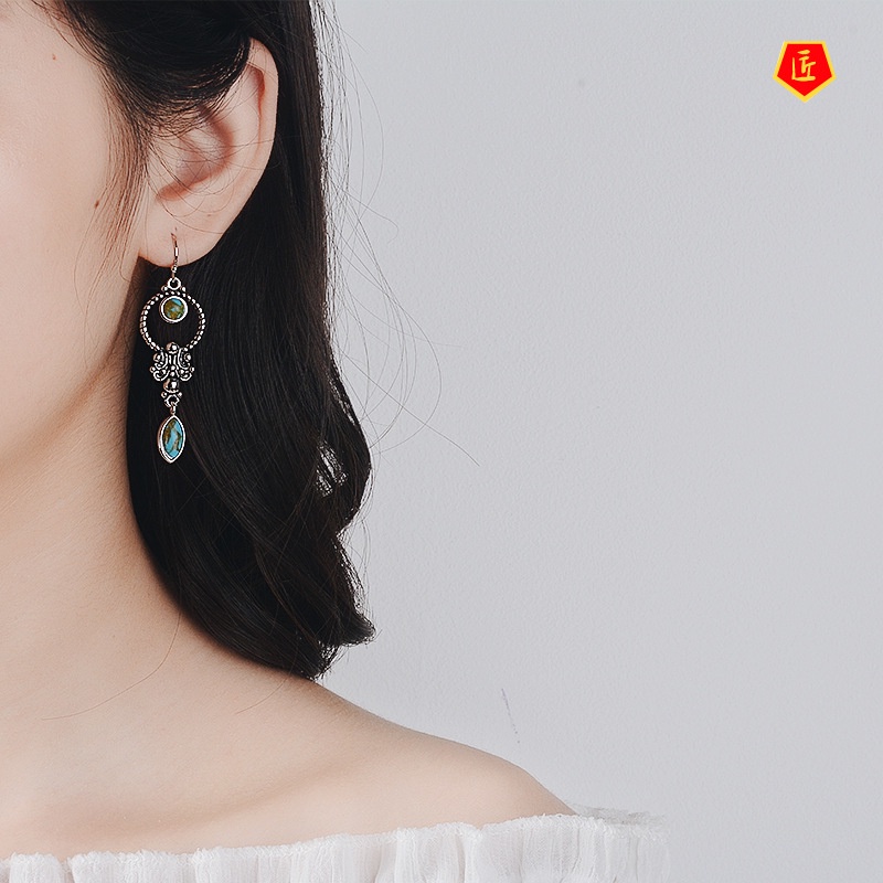 [Ready Stock]Women's Retro Silver Inlaid Turquoise Eardrops Earrings