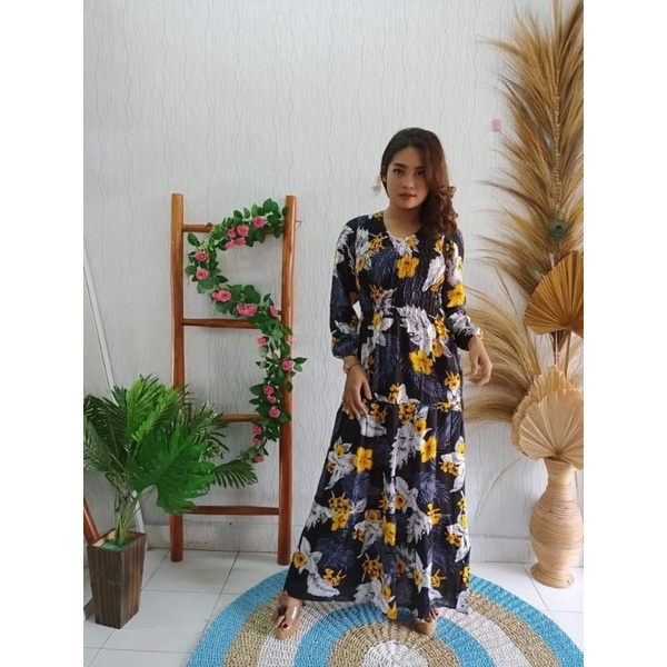 gamis kerut motif bunga bulu kain rayon bali