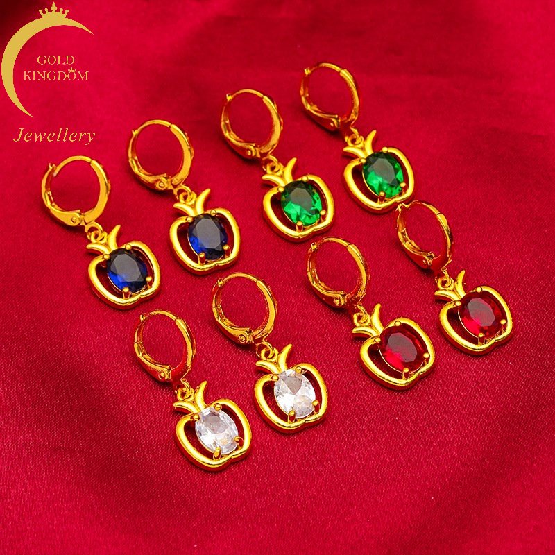 Anting Lapis Emas Asli Kadar 375 Bentuk Apel Aksen Sapphire Emerald Zircon Untuk Wanita