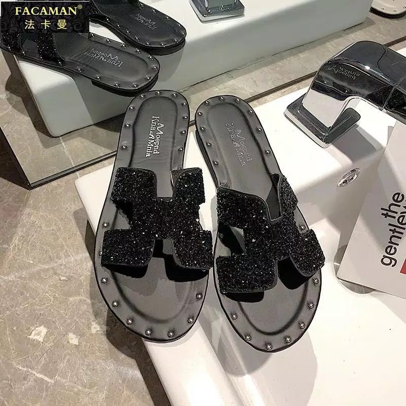 GROSIRTAS TG0431 SANDAL IMPORT FLIP SLIP H MOTIF MANIK MANIK CANTIK IMPORT 1KG MUAT 3PSG [COD]-black