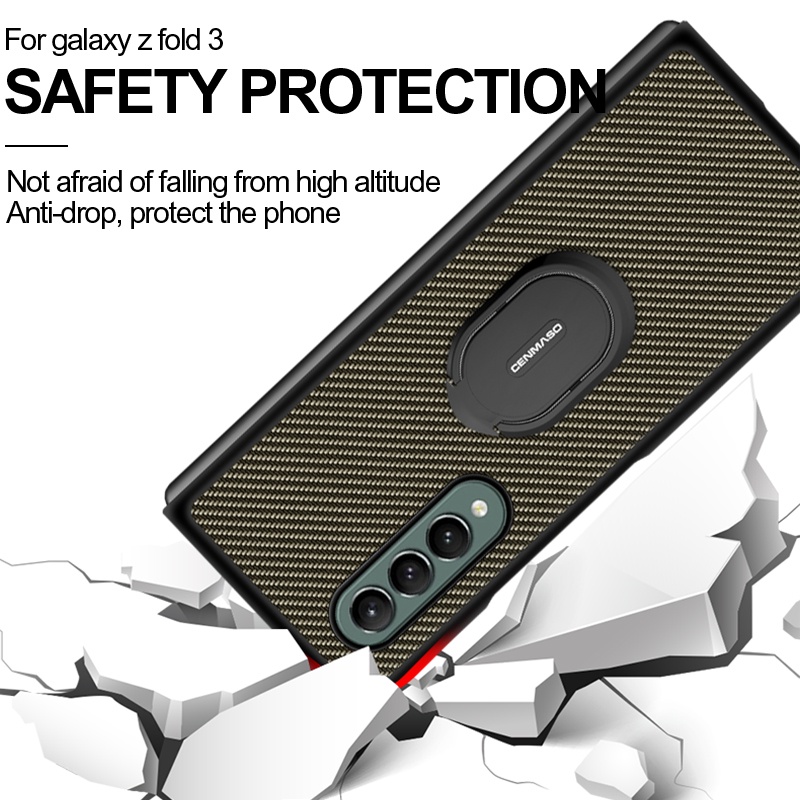 Casing Hard Case Carbon Fiber Ultra Tipis Shockproof + Ring Holder Untuk Samsung Galaxy Z Fold 3