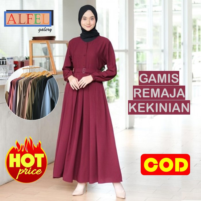Baju Gamis Terbaru Remaja Wanita Kekinian Modern Murah Syari Polos Warna Merah Tua Maroon Maron Gela