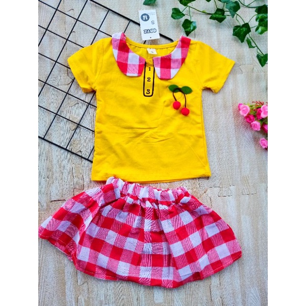 [0-4t] baju anak perempuan setelan celana pendek katun import 0-4 tahun MOTIF RENDA CHERRY / baju setelan celana anak cewek import kondangan motif CHERRY