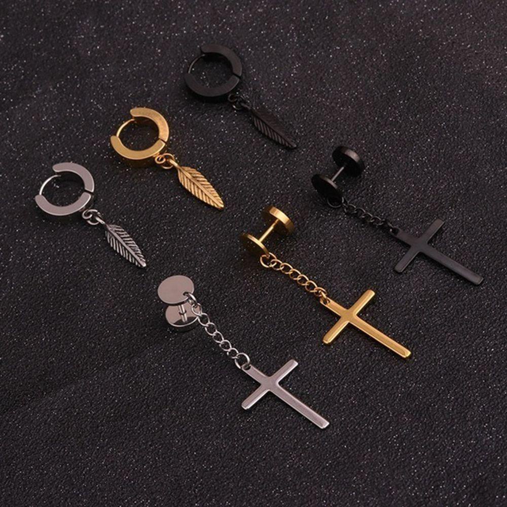 1 Pc Anting Stud Desain Salib Bulu Bahan Stainless Steel Gaya Hip Hop Punk Untuk Pria Dan Wanita