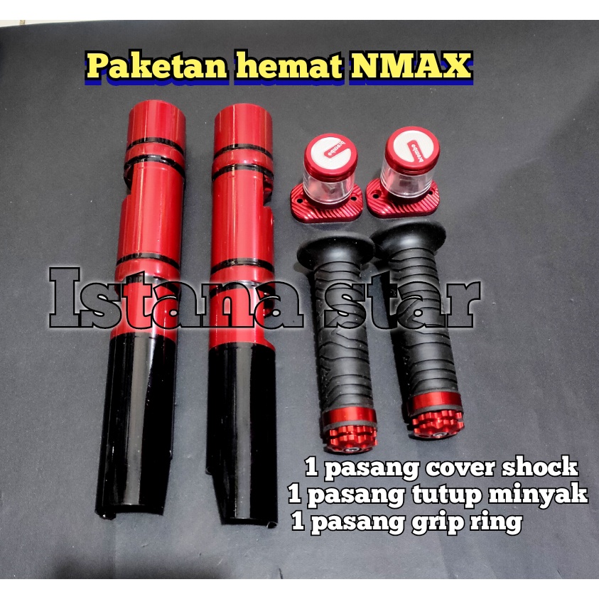 COVER SHOCK YAMAHA NMAX OLD / ALL NEW NMAX + 2 TUTUP MINYAK KACA+GRIP RING CNC / MERAH