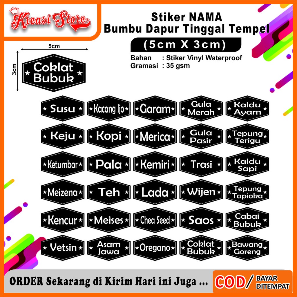 

COD✔ Stiker Label Nama Bumbu Dapur Anti Air Dan Minyak Isi 30 Pcs Ukuran 3x5cm