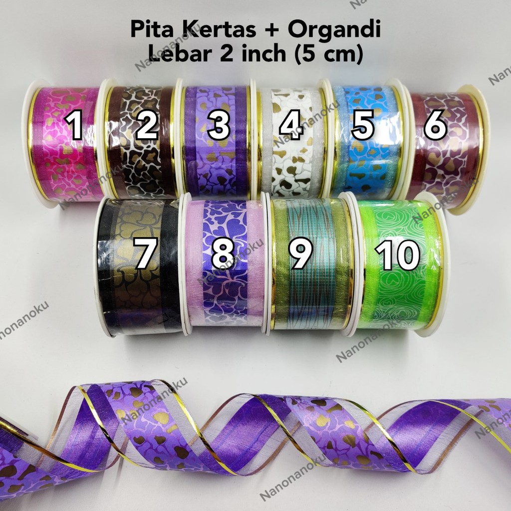 Pita Organdi + Kertas 2 inch 5 cm Motif Hampers Souvenir Kado Parsel