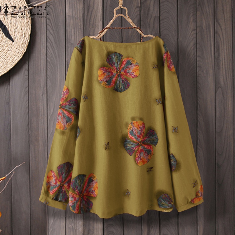 ZANZEA Women Long Sleeve Loose Retro Floral Printed Casual Blouse