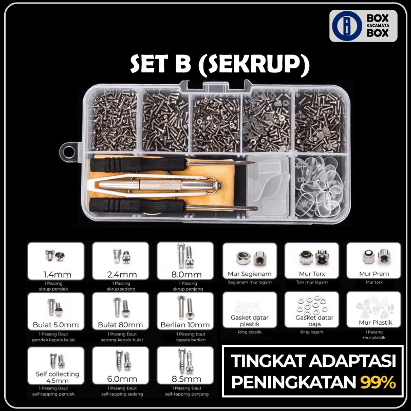 Set Reparasi Kacamata Perlengkapan Kacamata Baut Sekrup Mur Obeng Nose Pad Terlengkap Multifungsi