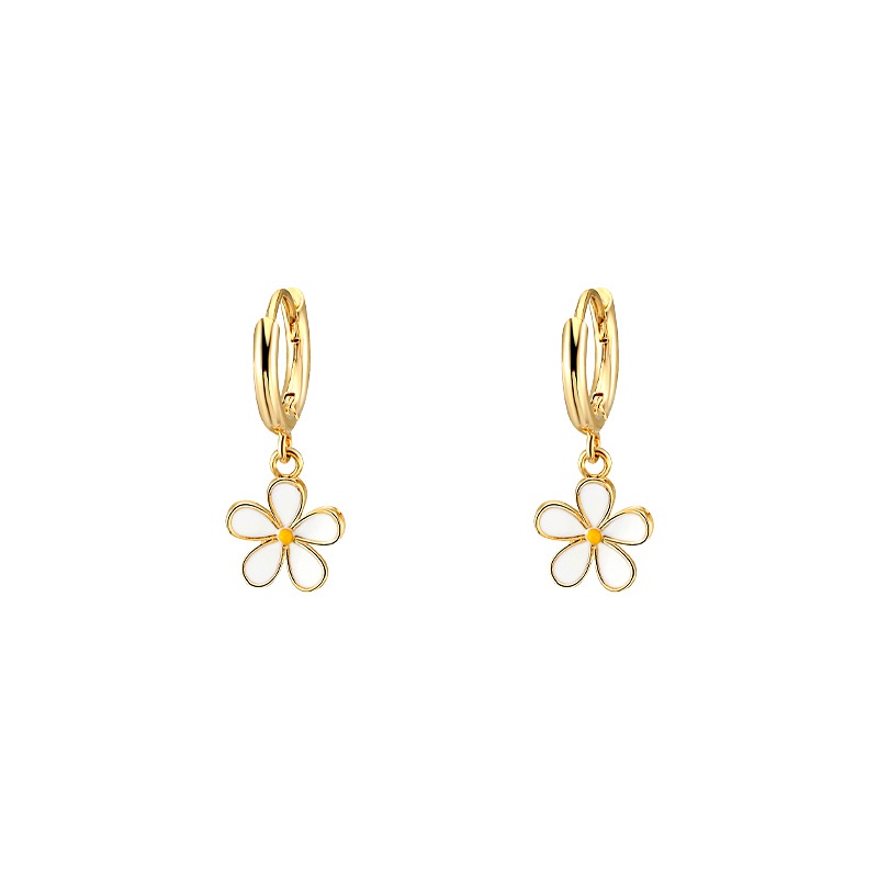 Papaozhu Halus 14 K Emas Little Daisy Hoop Earrings Untuk Wanita Gadis Aesthetic Putih Bunga Menjuntai Anting-Anting Korea Fashion Perhiasan Telinga