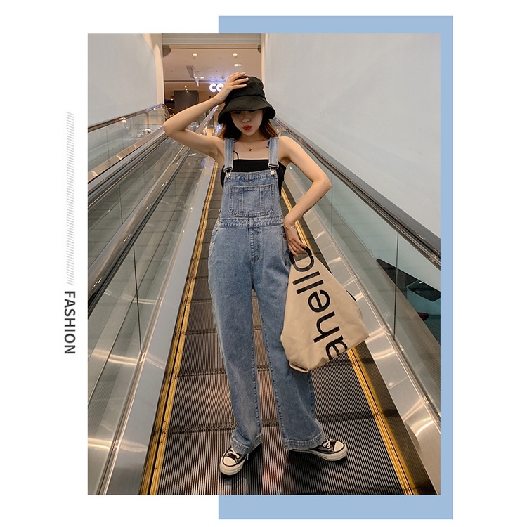 Jumpsuit Celana Lebar Kaki Overall denim panjang Tali Ikat Celana Wanita Tinggi Pinggang Longgar dan Melangsingkan Denim Suspender Celana Wanita