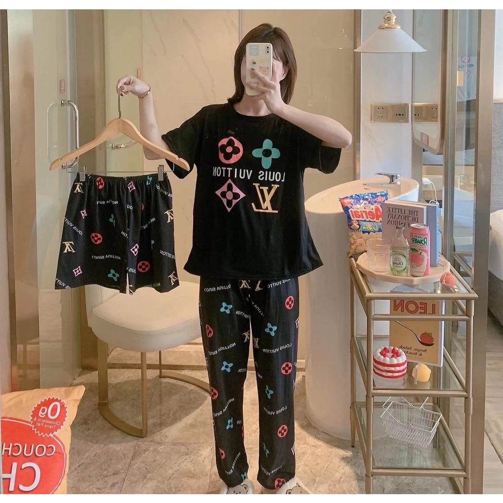 AJW Shop Piyama 3 in 1 | Piyama Lengan Pendek | Baju Tidur Impor | Baju Tidur 3in1-L Black