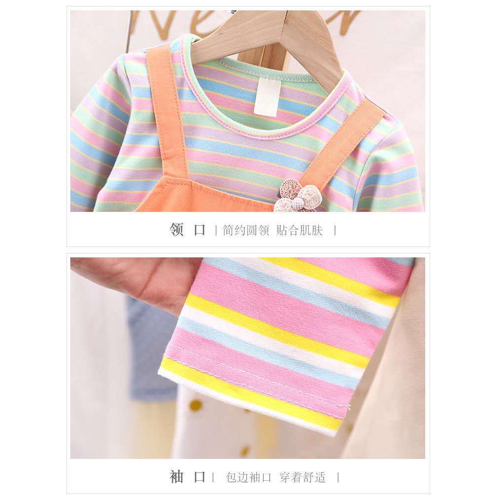 Dress anak perempuan jumpsuit / rok ruffle +lengan panjang motif garis garis gaun anak cewek lucu import-4