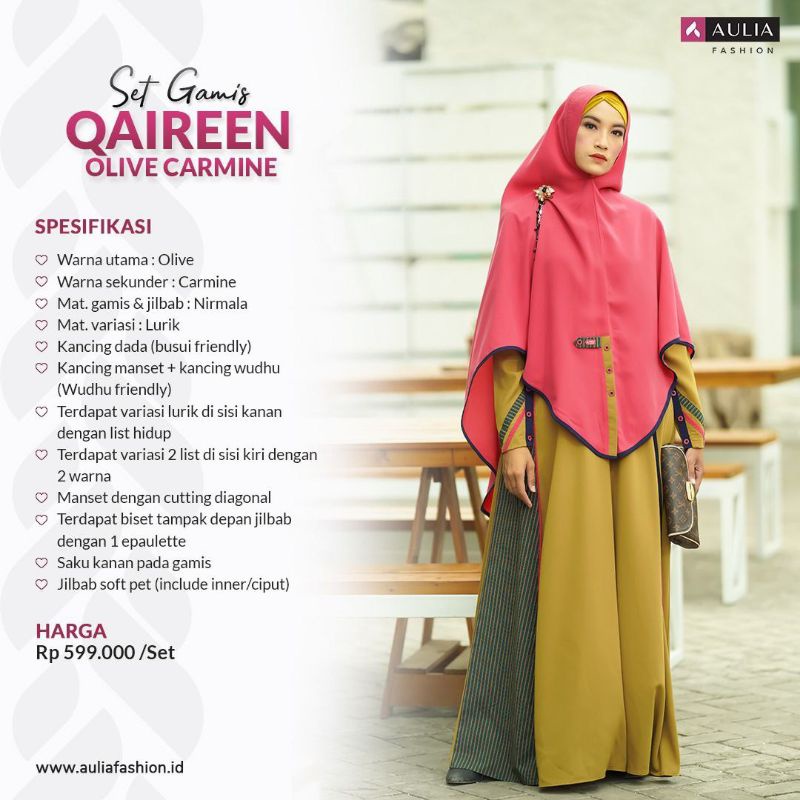 SET GAMIS SYARI TERBARU AULIA FASHION "QAIREEN OLIVE CARMINE" GAMIS BAHAN NIRMALA MOTIF LURIK DESAIN