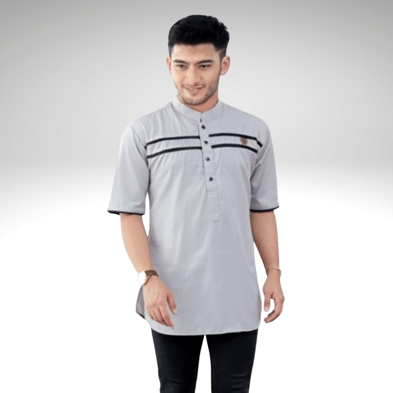Baju Koko Kurta Dewasa Lengan Pendek Material Catton Adem Serap Keringat-Abu