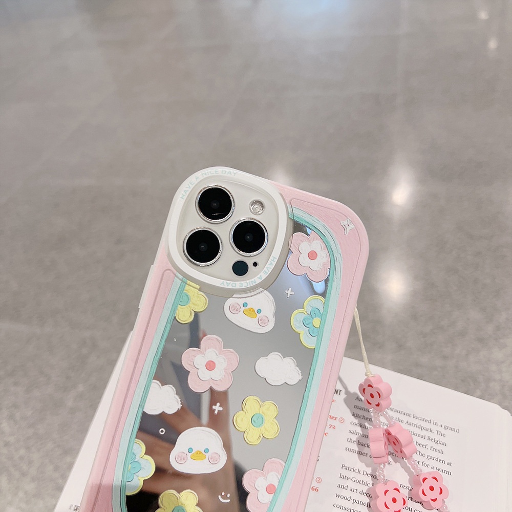 IPHONE Bunga Cermin Make Up Big Eyes Case Dengan Rantai Warna Pink Untuk Iphone11 8 7 Plus SE2 XS XR 12 13 Mini PRO MAX Casing Cover Pelindung AT0209