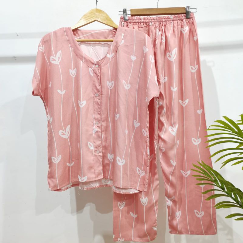 PIYAMA KANCING HITS NON KERAH/V-NECK PIYAMA KANCING BUSUI | PIYAMA RAYON | HOMEWEAR-NK AAB