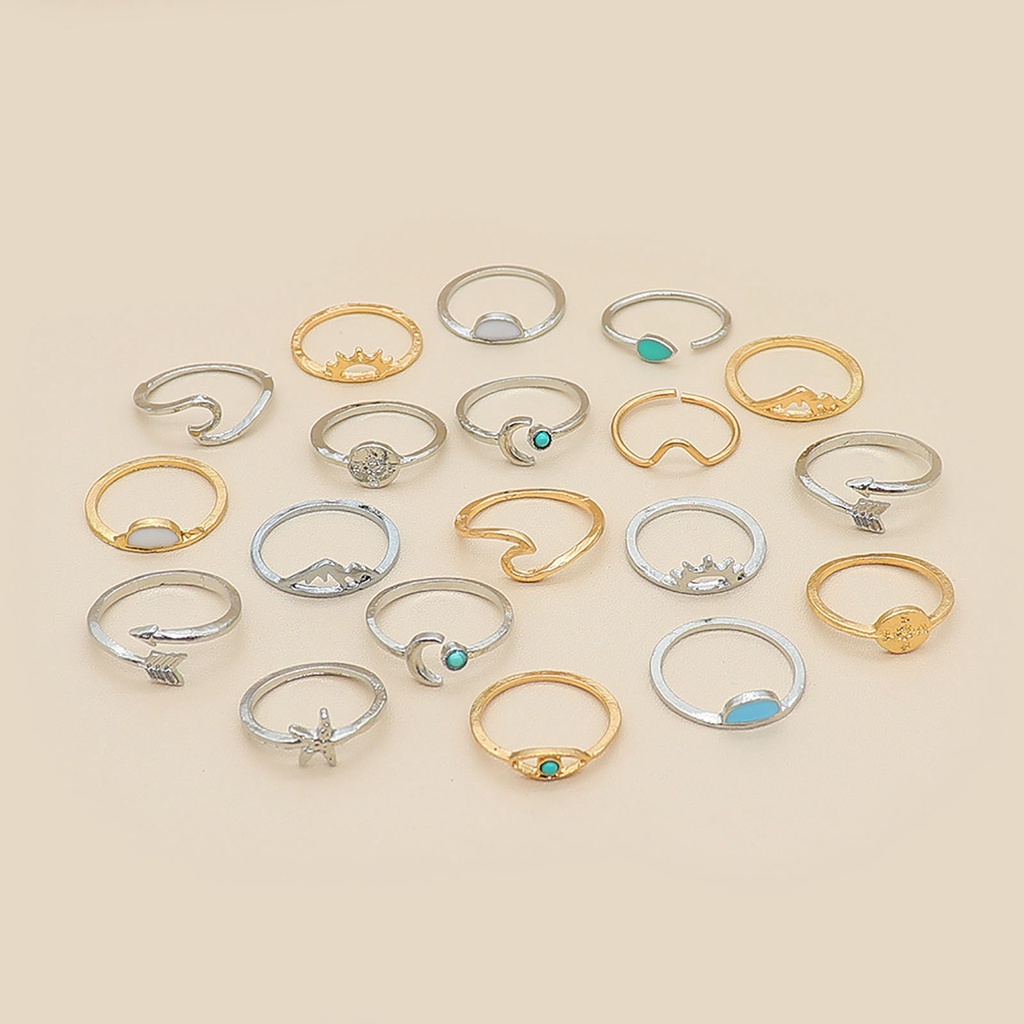 Hu Hu Hu Hu Hu Alat Bantu Pasang Kacamata♡ 19pcs / Set Cincin Model Terbuka Desain Ombak Hias Turquoise Gaya Boho / Etnik Untuk Wanita