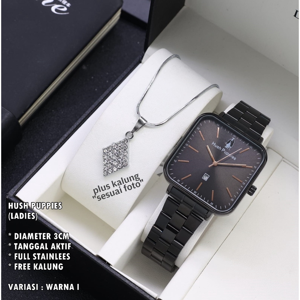 (BISA COD) JAM TANGAN WANITA HUSH PUPPIES H-009 RANTAI BODY SEGI TANGGAL AKTIF FREE KALUNG