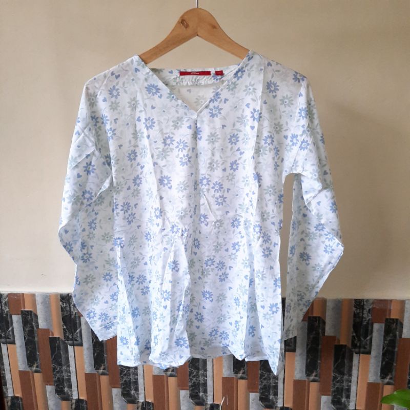 s oliver flower longsleeve  classic blouse// kemeja wanita branded original vintage-Bunga biru