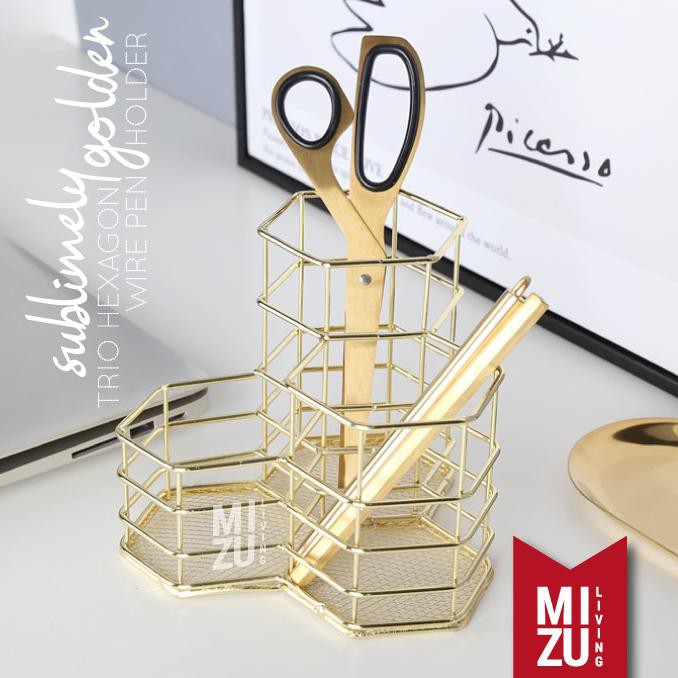 

SUBLIMELY GOLDEN TRIO HEXAGON Wire Pencil Stand Tempat Pensil Emas - THEX W PEN H YG
