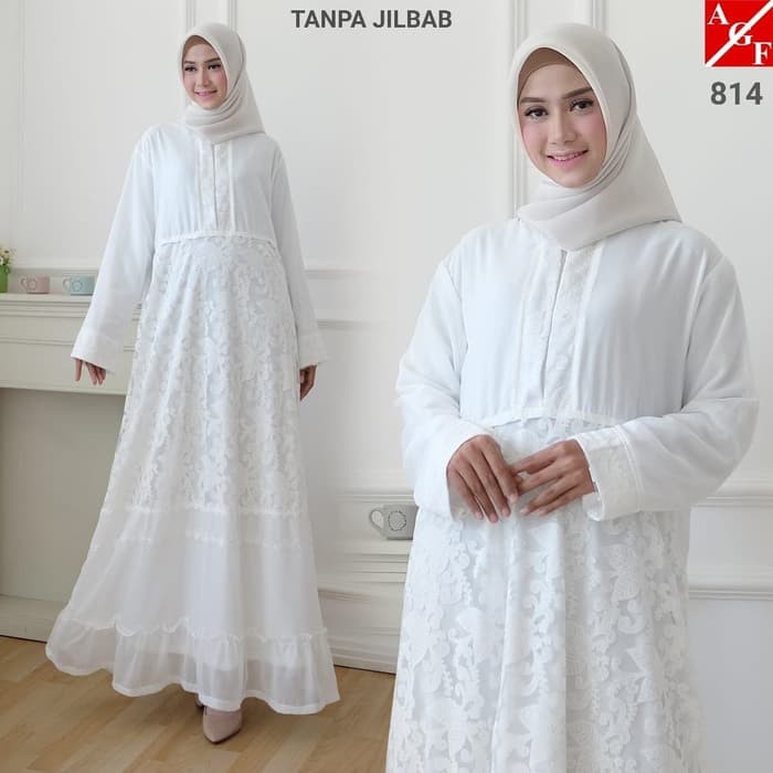Gamis Brukat Cantik Syari Murah Dress Kondangan Wisuda Nikah Akad OL140 Agnes Baju  /  / Putih / B