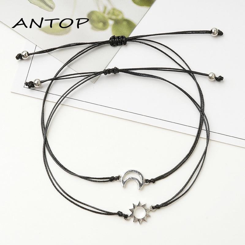 2pcs Gelang Couple Hitam Pasangan Adjustable Bulan Dan Matahari Gelang Persahabatan Tali Lilin Aksesoris Untuk Pria Dan Wanita ANTOP