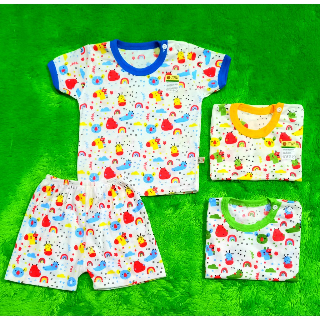 Setelan Baju Pendek Litany Hipo Pelangi Kancing Pundak / Set Pendek Baby 0 - 12 Bulan