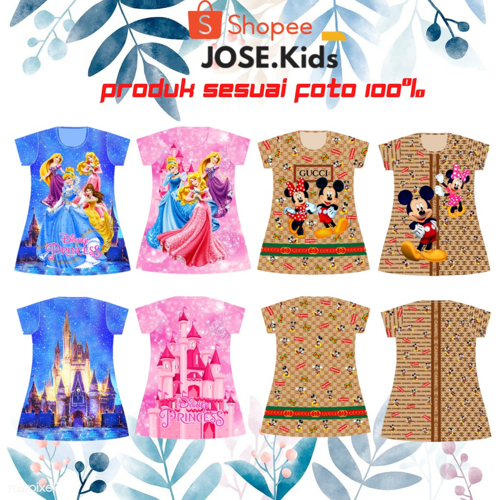 DRESS/ DASTER ANAK PEREMPUAN /PAKAIAN ANAK PEREMPUAN/ PRINTING MOTIF MICKEY , PRINCESS / UMUR 6 BULA