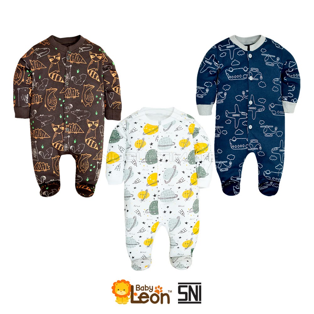 BABY LEON Baju Sleepsuit Bayi Kaki Tutup (0-12 Bulan) Lengan Panjang Baju tidur Jumsuit Jumper pergi anak Bayi balita Newborn BC-072 Sleepsuit Bayi Piyama bedong kaki buka Bayi Laki laki Perempuan Laki-laki