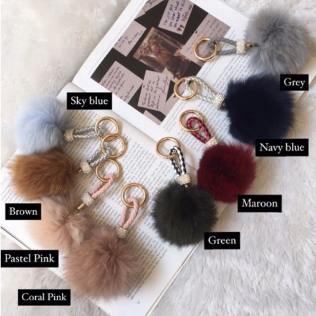 Fox fur pom bling swarovski loop strap gantungan tas/bag charm