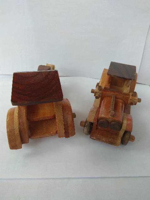 PAKET HEMAT DUO MINIATUR KAYU BECAK DAN MOBIL TUA - PAJANGAN DEKORASI RUMAH - SOUVENIR MURAH JOGJA