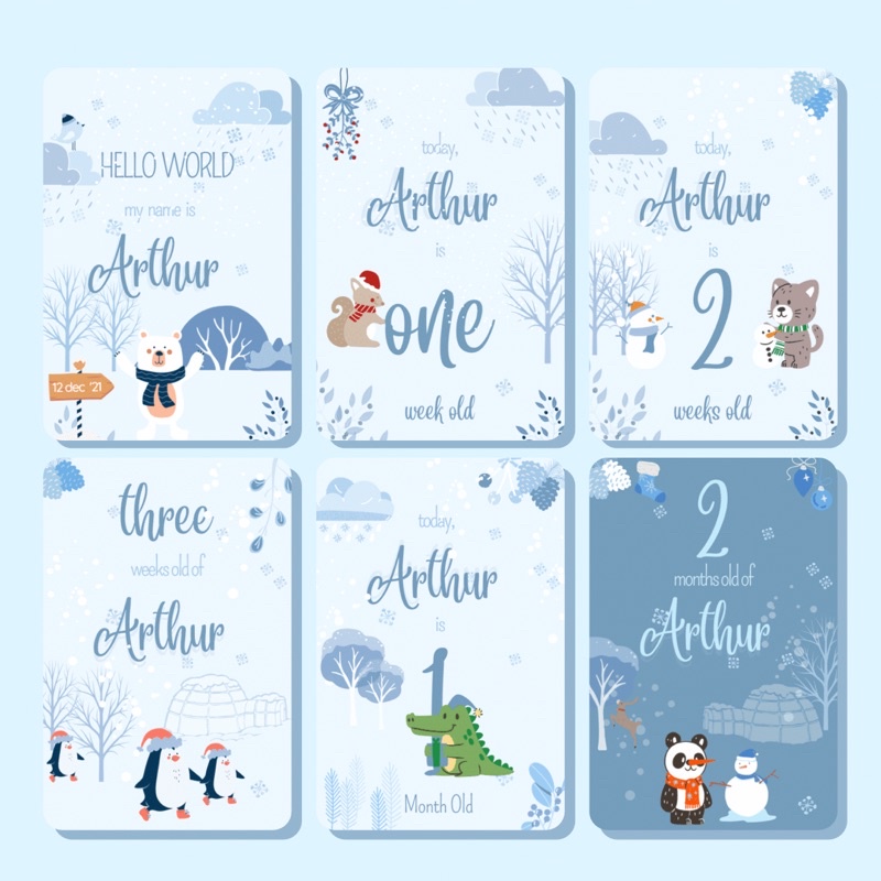 Baby milestone card baby boy premium winter animal theme free custom name