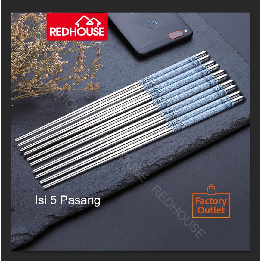 RED HOUSE Sumpit stainless MOTIF Sumpit Chopstick chopsticks Cina Sujeo isi 5 pasang