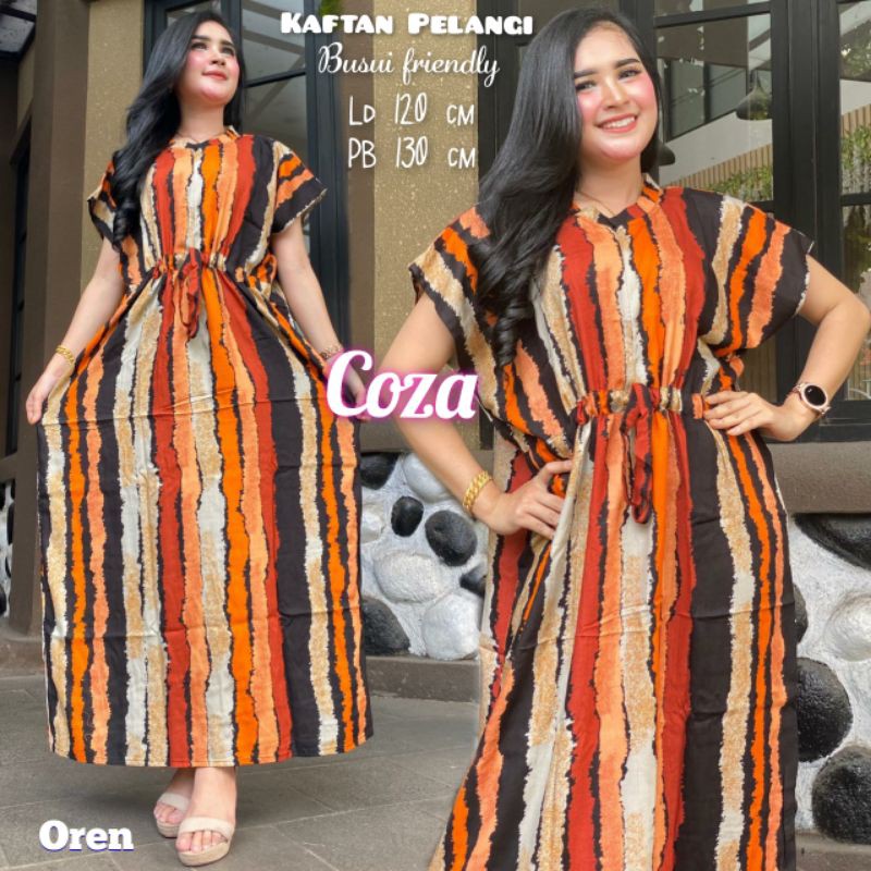 Daster Kaftan Serut Depan  Jumbo Motif Salur Pelangi Cozahijab