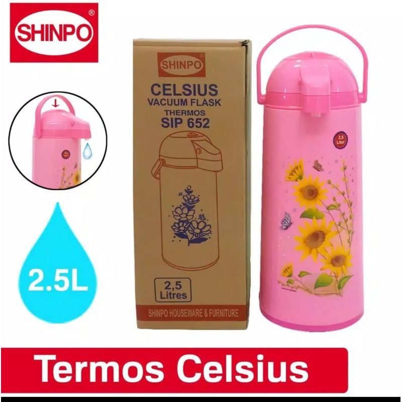 Termos Air Panas Pompa 2.5 Liter Shinpo / Air Pot 2,5 Litres Pencet Kualitas Lion Star Vacuum Flask