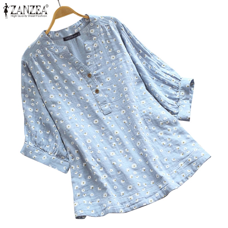 ZANZEA Women Short Sleeve V Neck Printed Loose Casual Vintage Blouse