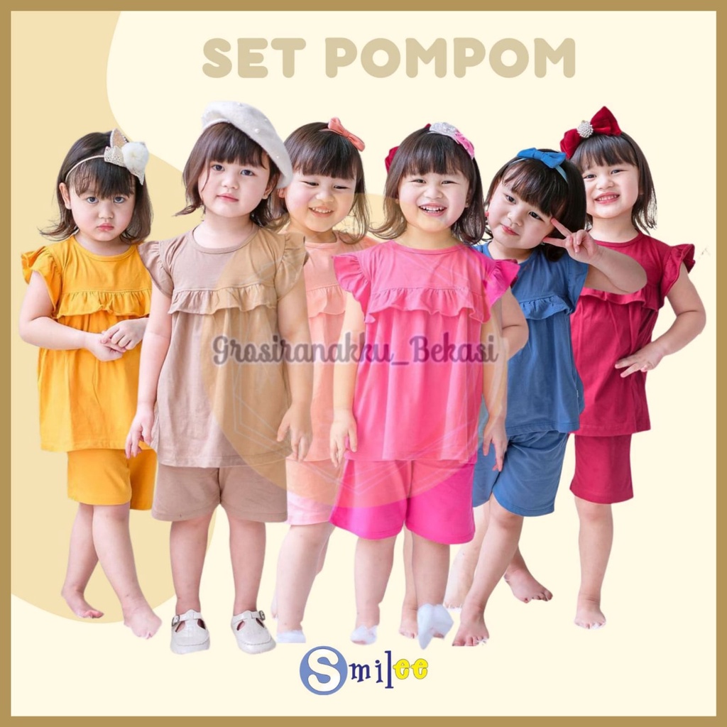 Setelan Anak Kaos Smilee Pompom Mix Warna Size 1-5Thn