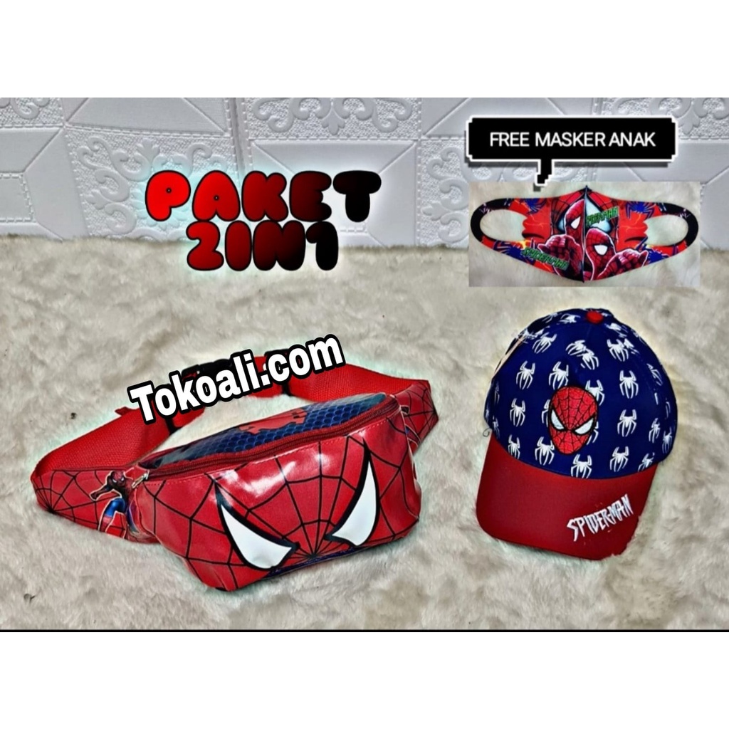 waistbag anak karakter superhero 2in1 - tas + topi