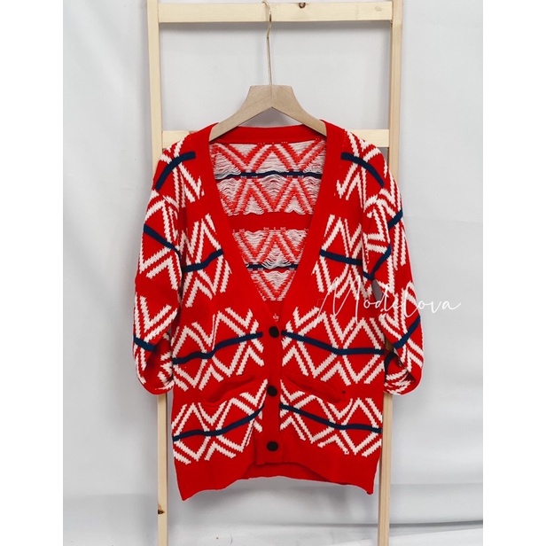 MDLV ~ Outer Olivier Rajut Cardigan Print Red Cardigan Rajut Lengan Panjang Fashion 2