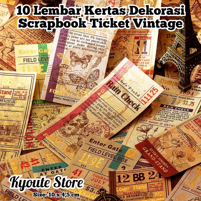 

10 Lembar Kertas Dekorasi Scrapbook Ticket Gold Vintage Retro Aesthetic Journal Diary Planner Decoration