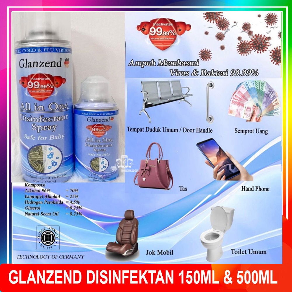 GLANZEND Disinfectant Spray 150 ml / 500ml Pembunuh Virus dan Bakteri / Antiseptic Pembasmi Virus Antiseptik Disinfektan Spray Desinfektan Semprot Semprotan Desinfectan Anti Kuman Disinfektan Glanzend Air Spray