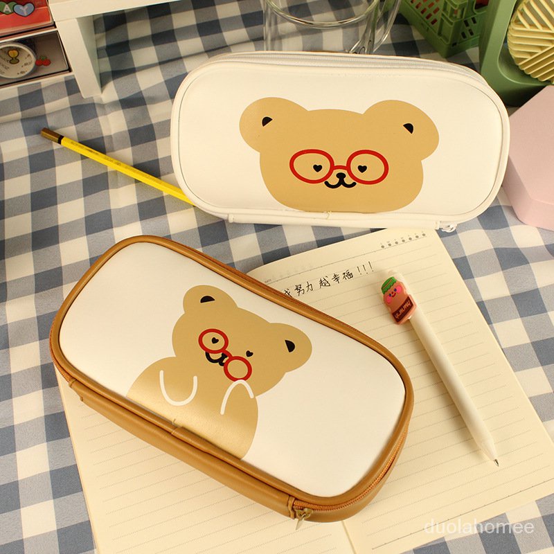 

AGOEE-Cute Bear Pencil Case Large Capacity Extended PU Stationery School Pouches For Girls Back To School