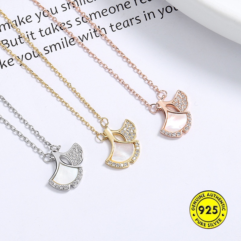 Kalung Rantai Klavikula S925 Silver Liontin Daun Ginkgo Tahan Air