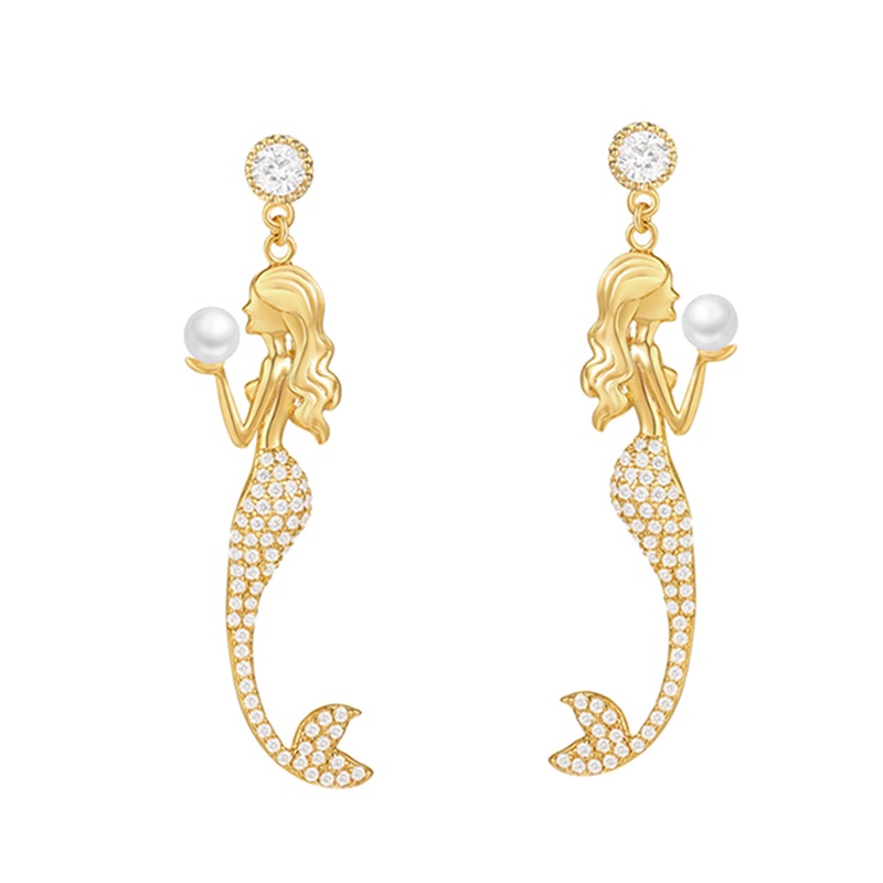 Anting Panjang Desain Mermaid Aksen Zirkon Untuk Wanita