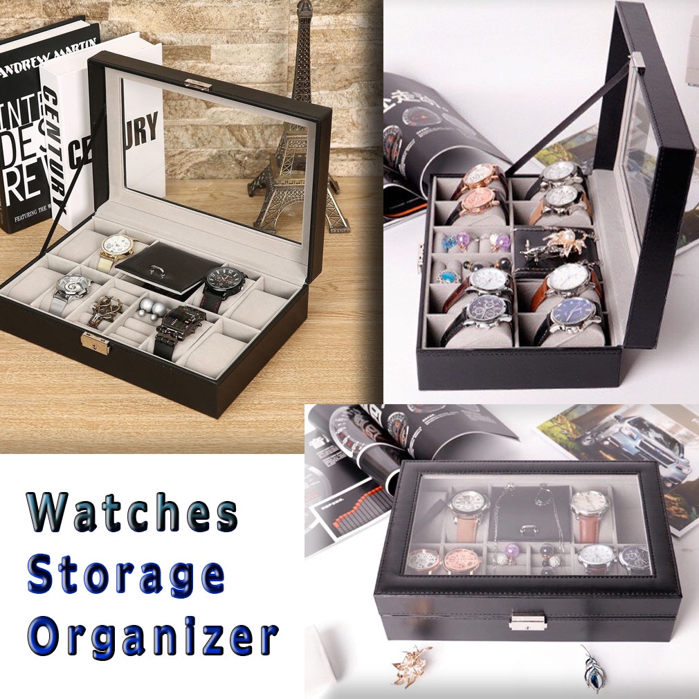 Organizer Kotak Jam Tangan Watches Storage Organiser Kotak penyimpanan koleksi jam tangan cincin giwang dan bros emblem pangkat jepit dasi Faux Leather High End Jewelry Display Container Luxury Watch Slots Grids For Ring Ear Stud Earrings Watches Storage